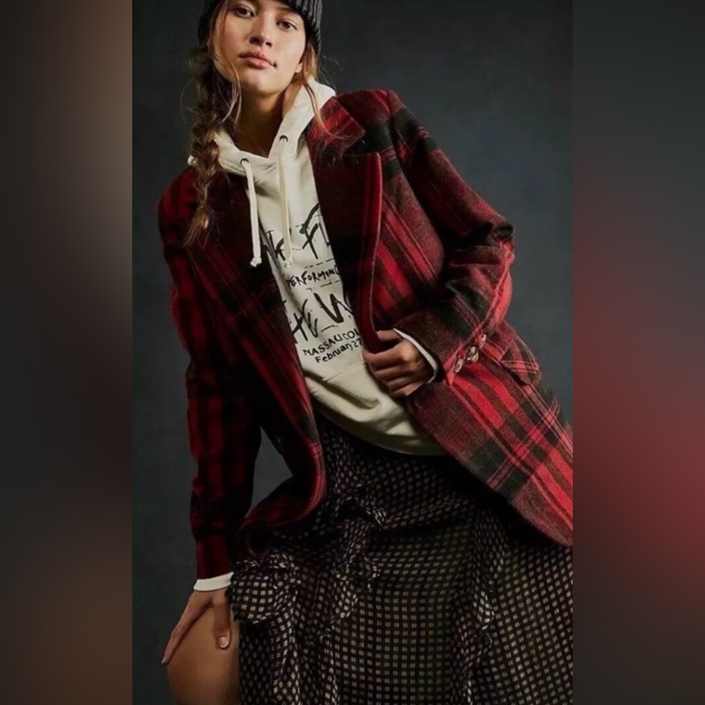 Free People Mari Tartan Plaid Oversized Red and Black Blazer Jacket Size S
